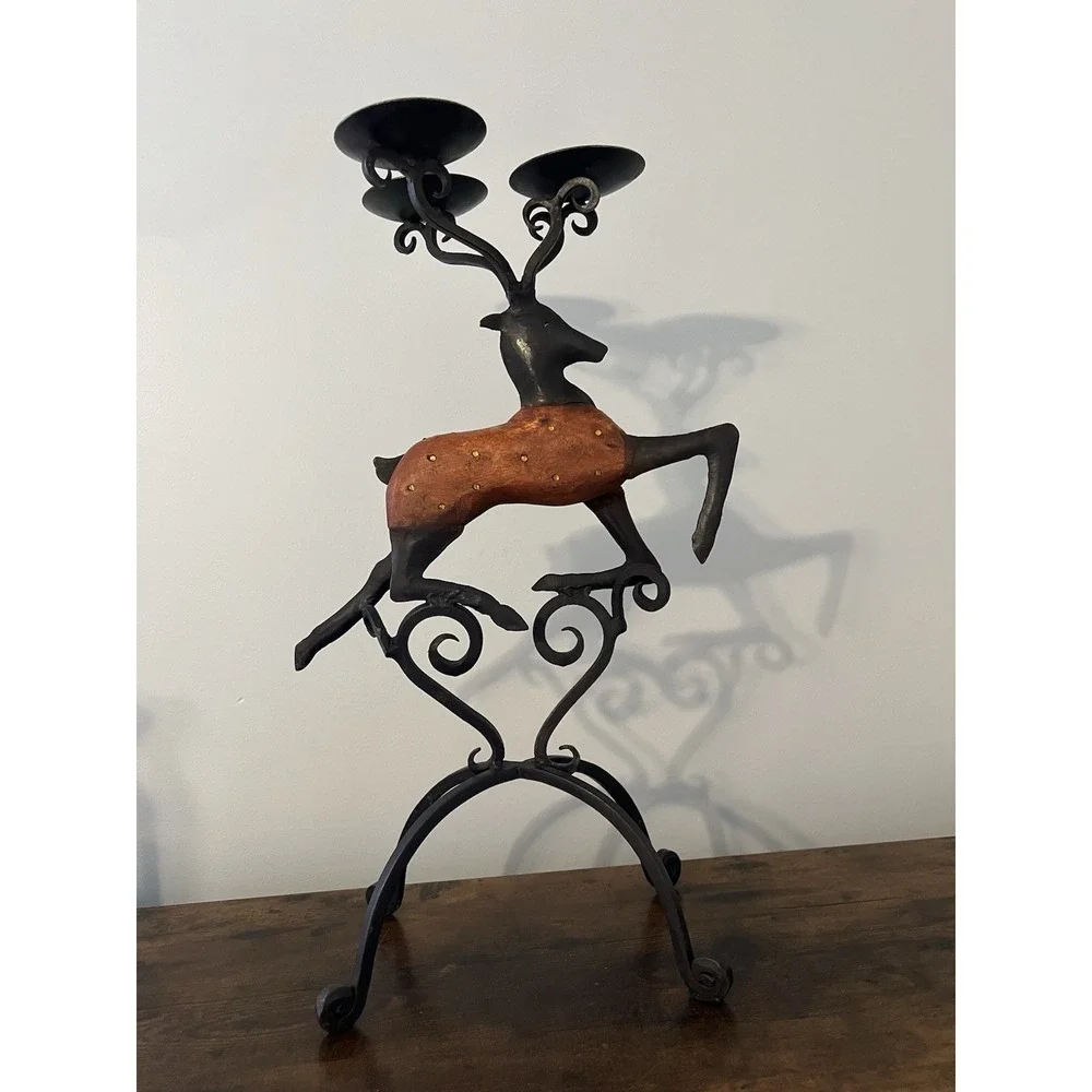Pier 1 Wrought Iron & Carved Wood Deer Candleholder Stag‎ Sculpture Decor